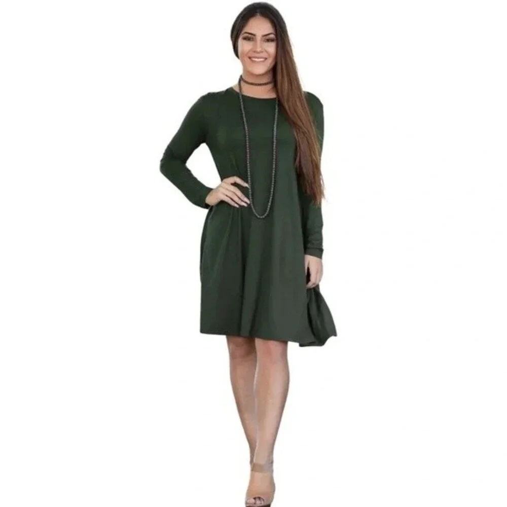 PIKO long sleeve olive green soft bamboo blend swing dress size medium - Picture 1 of 6